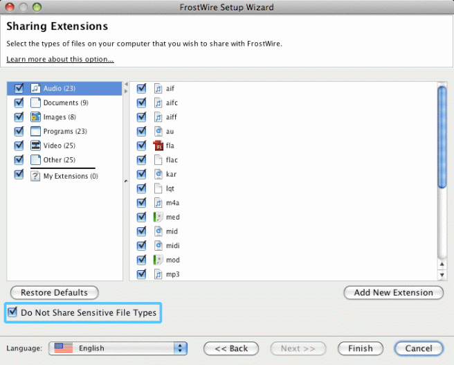 FrostWire Protects you - Sensitive Files not shared by default