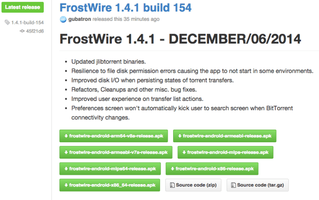 Download FrostWire 1.4.1 build 154 binaries and source code from github