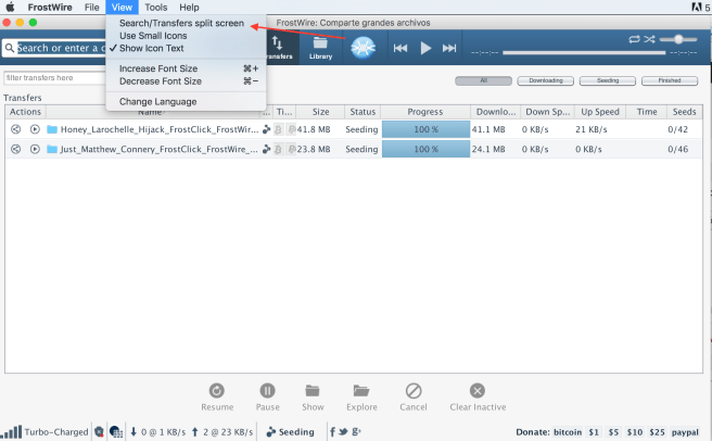 frostwire view select transfer split